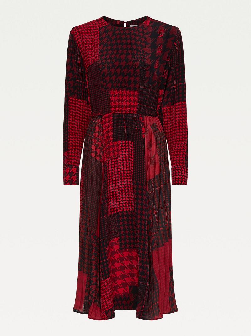 Női Tommy Hilfiger Icon Houndstooth Patchwork Midi Dresses Piros | HU 96XYU